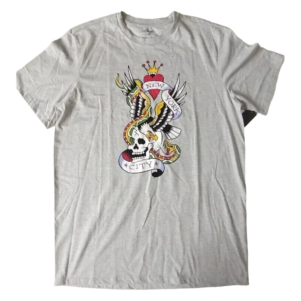 Ed Hardy Mens Size L/XL Gray Skull Eagle Snake Heart Print NYC T-Shirt NWT